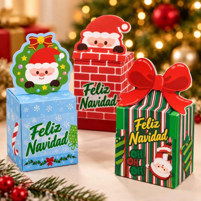 Simulación de cajitas armadas: Papá Noel azul, chimenea roja y caja de rayas con lazo