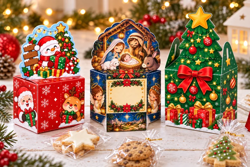 Simulación de cajitas armadas con muñeco de nieve, nacimiento y árbol de Navidad